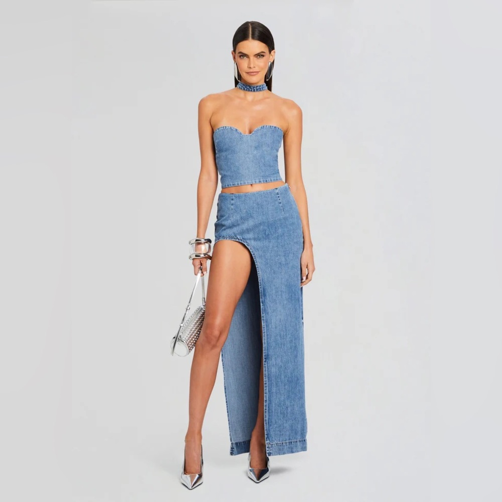 Retrofete Light Blue Denim Strapless Crop Top & High-Slit Maxi Skirt Set